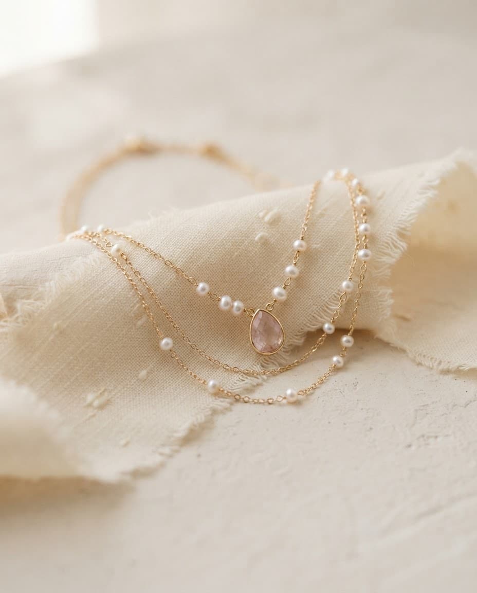 Champagne gold chain necklace with a single freshwater pearl pendant on ivory silk