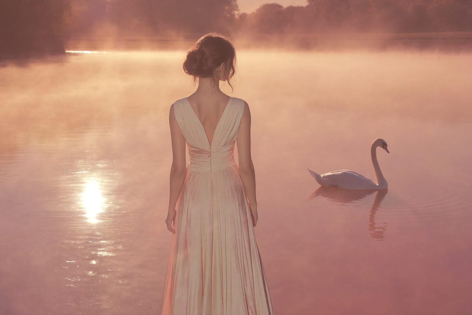 A young woman in an ivory silk gown standing at the edge of a misty lake at dawn, watching a distant swan